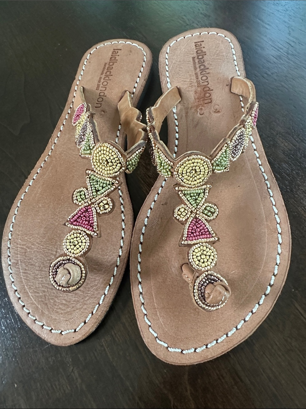 Free People Laidback London Women's Beaded Tan Leather Sandals Kenya 38 7 7.5
